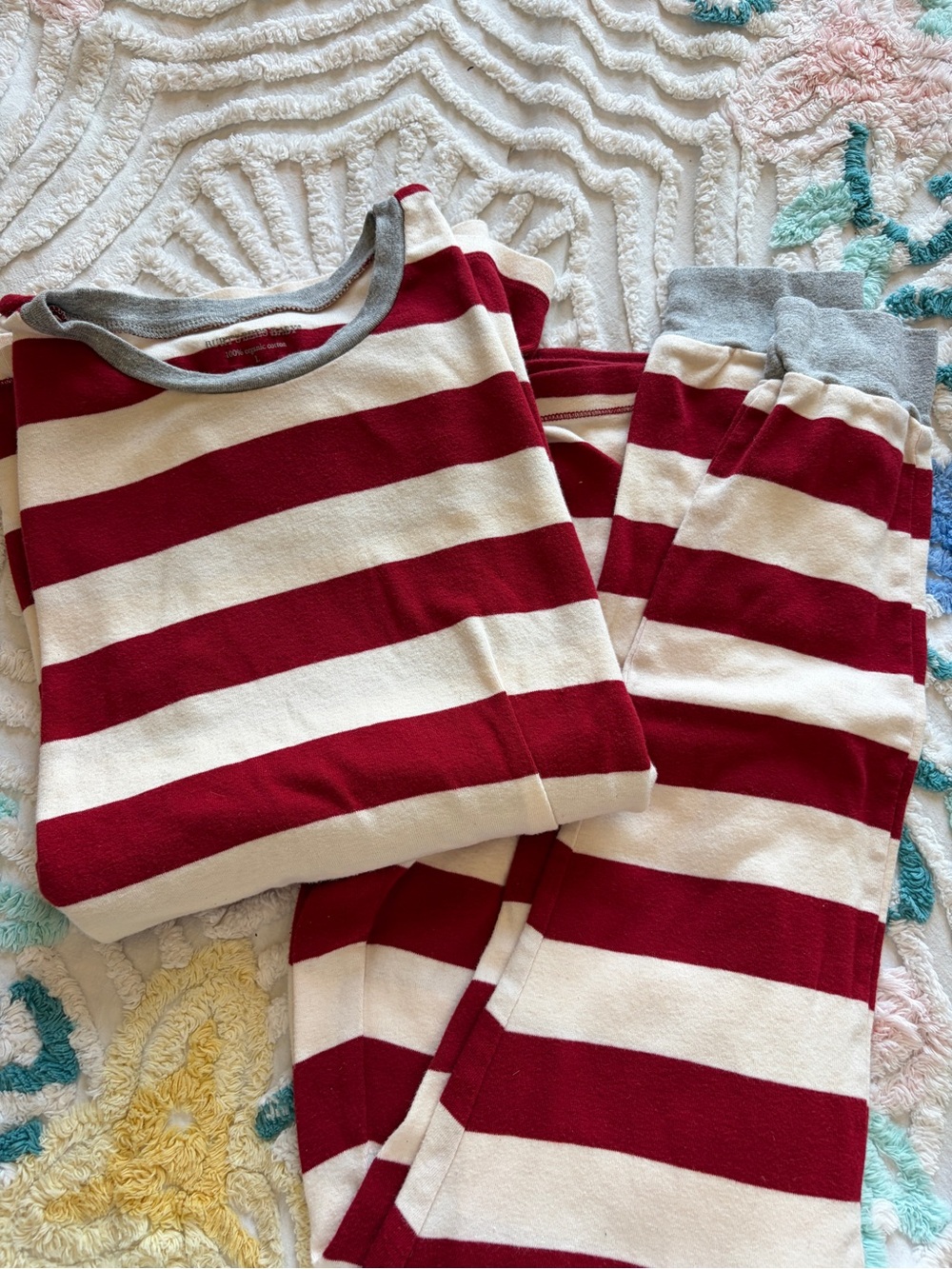 Burt's Bees Baby Red & Cream Stripe Pajama Set with Gray Trim. 7-18